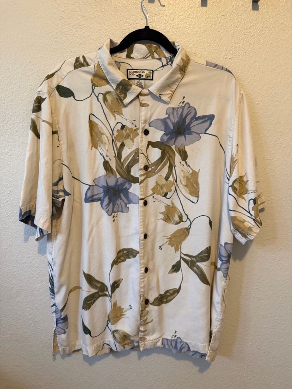 Caribbean Cream Floral Short-Sleeve Button Down Shirt with Blue and Olive Print